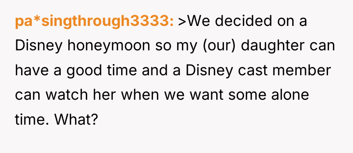 pa*singthrough3333 >We decided on a Disney honeymoon so my (our)...