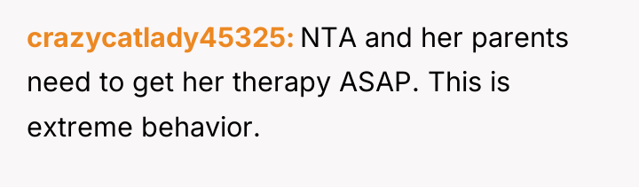 crazycatlady45325 NTA and her parents need to get her therapy...