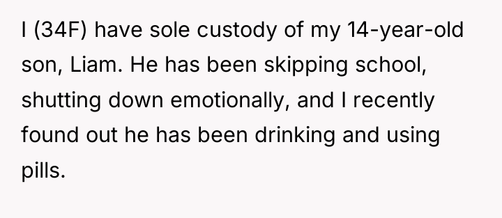 I (34F) have sole custody of my 14-year-old son, Liam....