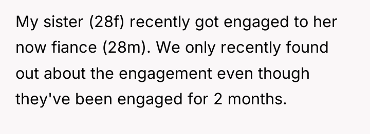 My sister (28f) recently got engaged to her now fiance...