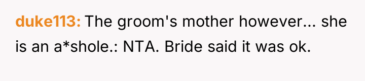 duke113 The groom's mother however... she is an a*shole.: NTA....