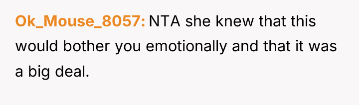 Ok_Mouse_8057 NTA she knew that this would bother you emotionally...