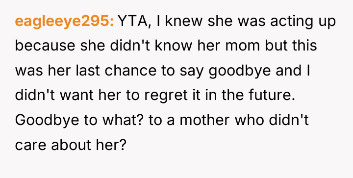 eagleeye295 YTA, I knew she was acting up because she...