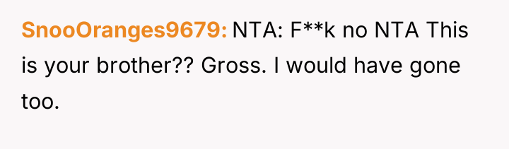 SnooOranges9679 NTA: F**k no NTA This is your brother?? Gross....