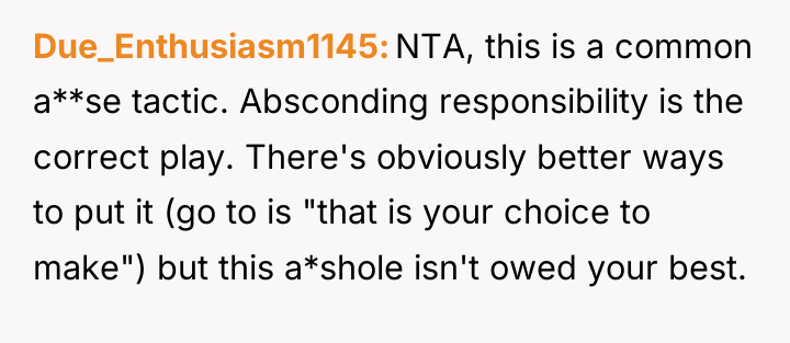 Due_Enthusiasm1145 NTA, this is a common a**se tactic. Absconding responsibility...