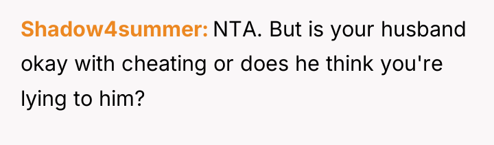 Shadow4summer NTA. But is your husband okay with cheating or...