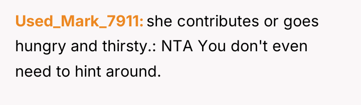 Used_Mark_7911 she contributes or goes hungry and thirsty.: NTA You...