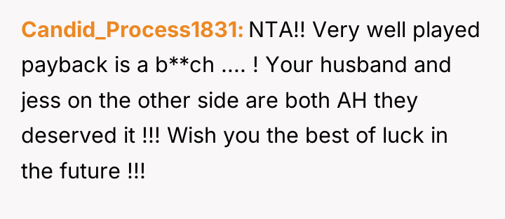 Candid_Process1831 NTA!! Very well played payback is a b**ch .......