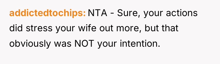 addictedtochips NTA - Sure, your actions did stress your wife...