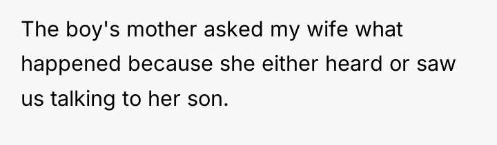 The boy's mother asked my wife what happened because she...