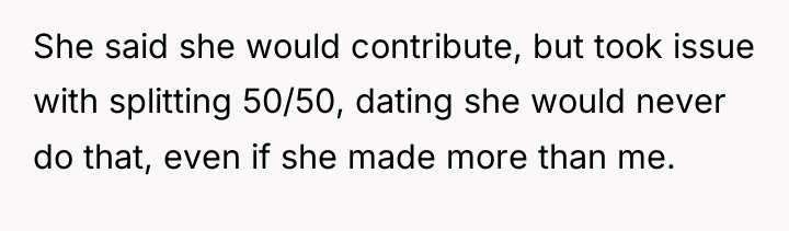 She said she would contribute, but took issue with splitting...