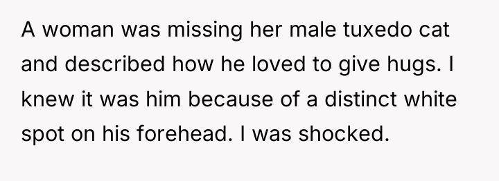 A woman was missing her male tuxedo cat and described...