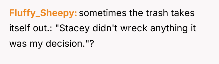Fluffy_Sheepy sometimes the trash takes itself out.: "Stacey didn't wreck...