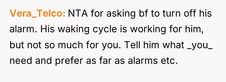 Vera_Telco NTA for asking bf to turn off his alarm....