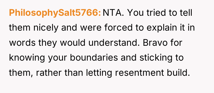 PhilosophySalt5766 NTA. You tried to tell them nicely and were...