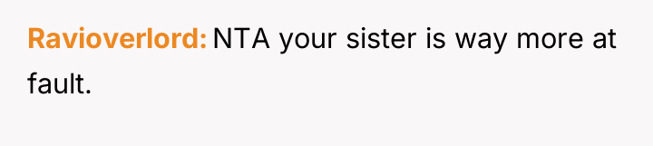 Ravioverlord NTA your sister is way more at fault.