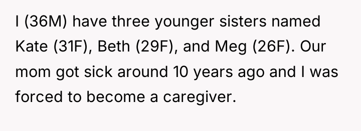 I (36M) have three younger sisters named Kate (31F), Beth...