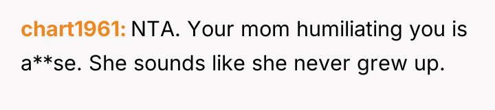chart1961 NTA. Your mom humiliating you is a**se. She sounds...