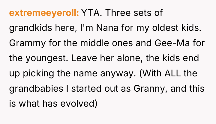 extremeeyeroll YTA. Three sets of grandkids here, I'm Nana for...