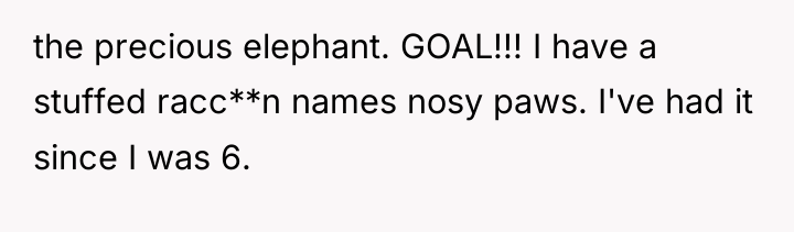 the precious elephant. GOAL!!! I have a stuffed racc**n names...