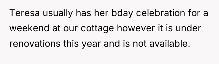 Teresa usually has her bday celebration for a weekend at...