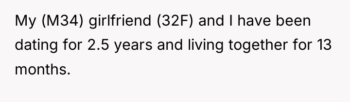 My (M34) girlfriend (32F) and I have been dating for...