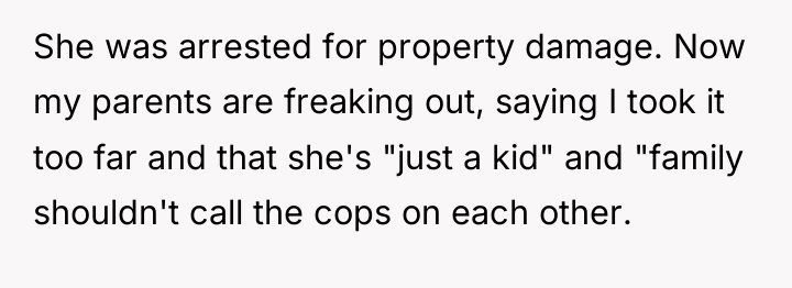 She was arrested for property damage. Now my parents are...