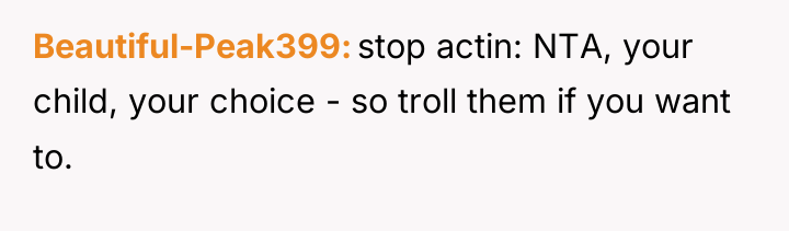 Beautiful-Peak399 stop actin: NTA, your child, your choice - so...