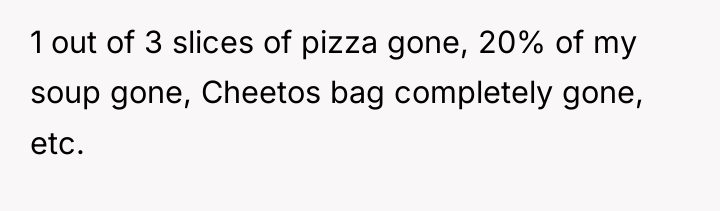 1 out of 3 slices of pizza gone, 20% of...