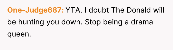 One-Judge687 YTA. I doubt The Donald will be hunting you...