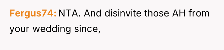 Fergus74 NTA. And disinvite those AH from your wedding since,