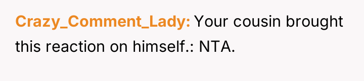 Crazy_Comment_Lady Your cousin brought this reaction on himself.: NTA.