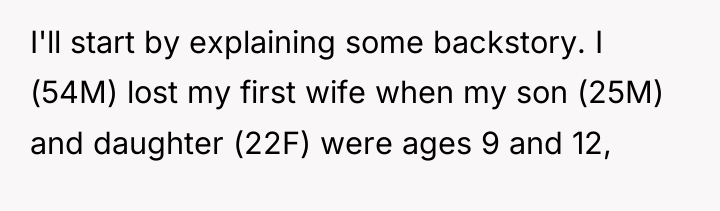 I'll start by explaining some backstory. I (54M) lost my...
