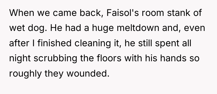 When we came back, Faisol's room stank of wet dog....