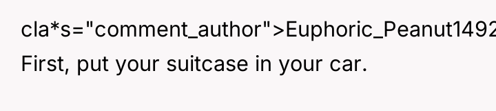 cla*s="comment_author">Euphoric_Peanut1492: First, put your suitcase in your car.