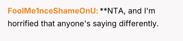 FoolMe1nceShameOnU **NTA, and I'm horrified that anyone's saying differently.