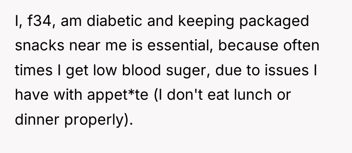 I, f34, am diabetic and keeping packaged snacks near me...