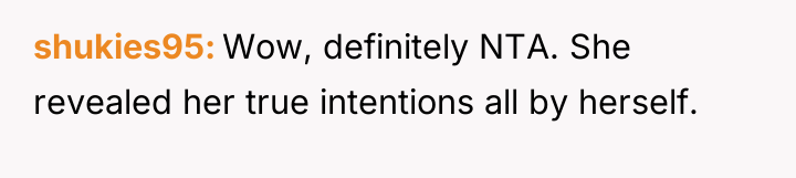 shukies95 Wow, definitely NTA. She revealed her true intentions all...