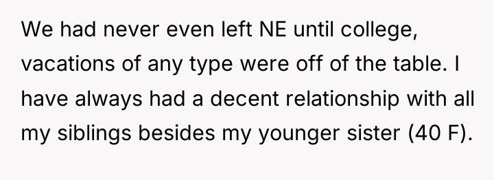 We had never even left NE until college, vacations of...