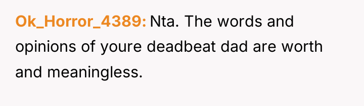 Ok_Horror_4389 Nta. The words and opinions of youre deadbeat dad...