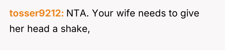 tosser9212 NTA. Your wife needs to give her head a...