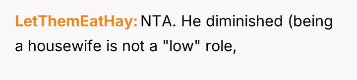 LetThemEatHay NTA. He diminished (being a housewife is not a...