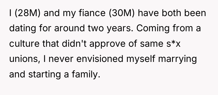 I (28M) and my fiance (30M) have both been dating...