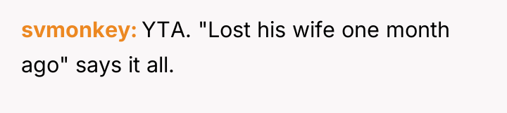 svmonkey YTA. "Lost his wife one month ago" says it...