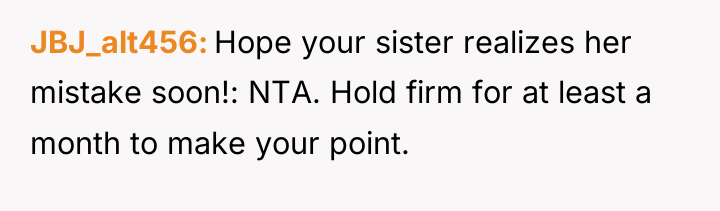 JBJ_alt456 Hope your sister realizes her mistake soon!: NTA. Hold...