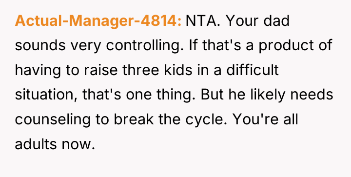 Actual-Manager-4814 NTA. Your dad sounds very controlling. If that's a...
