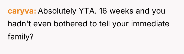 caryva Absolutely YTA. 16 weeks and you hadn't even bothered...