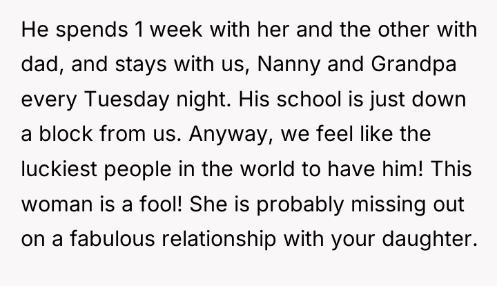 He spends 1 week with her and the other with...