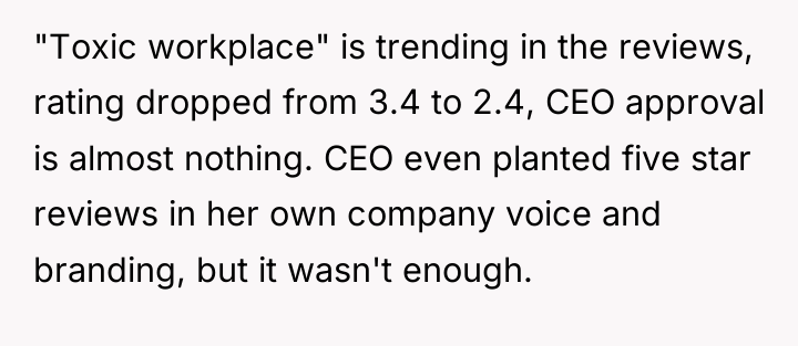 "Toxic workplace" is trending in the reviews, rating dropped from...