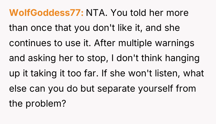 WolfGoddess77 NTA. You told her more than once that you...